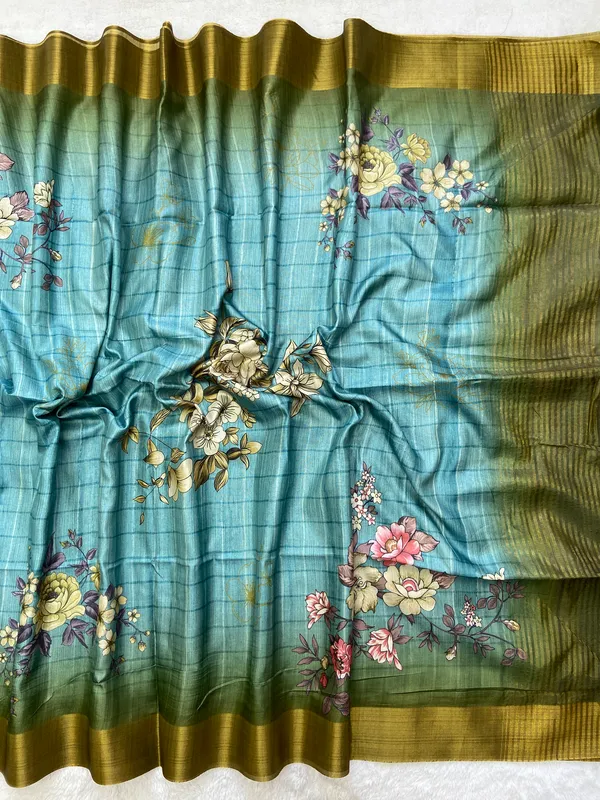 Soft_Tussar_Silk_sarees_with_Beautiful_Print_With_Attractive_Border_And_Contrast_Print_Blouse_With_Tassels
