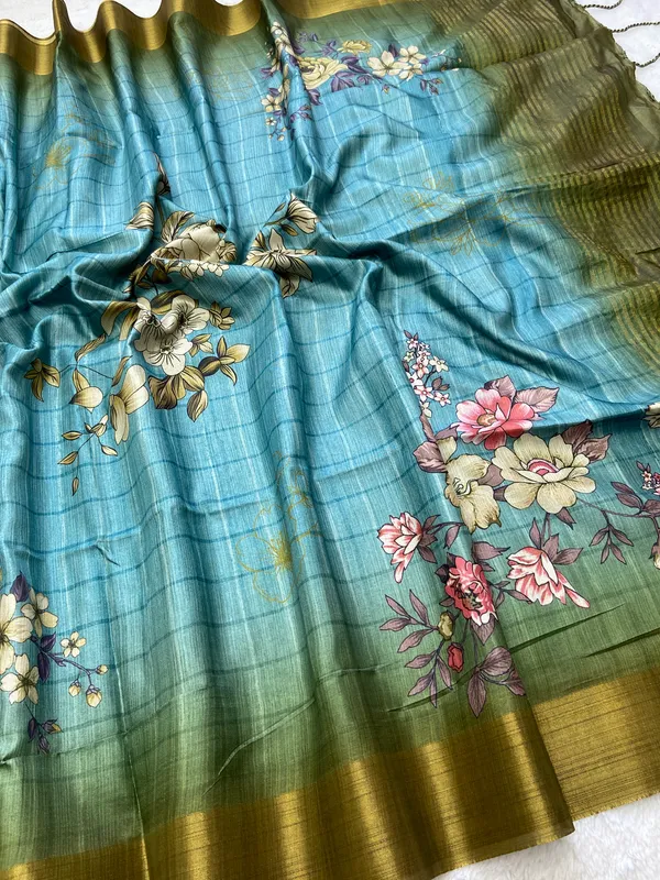 Soft_Tussar_Silk_sarees_with_Beautiful_Print_With_Attractive_Border_And_Contrast_Print_Blouse_With_Tassels