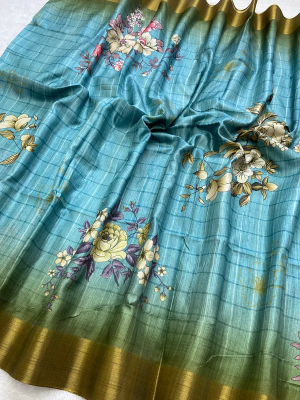 Soft_Tussar_Silk_sarees_with_Beautiful_Print_With_Attractive_Border_And_Contrast_Print_Blouse_With_Tassels