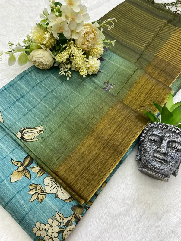 Soft_Tussar_Silk_sarees_with_Beautiful_Print_With_Attractive_Border_And_Contrast_Print_Blouse_With_Tassels