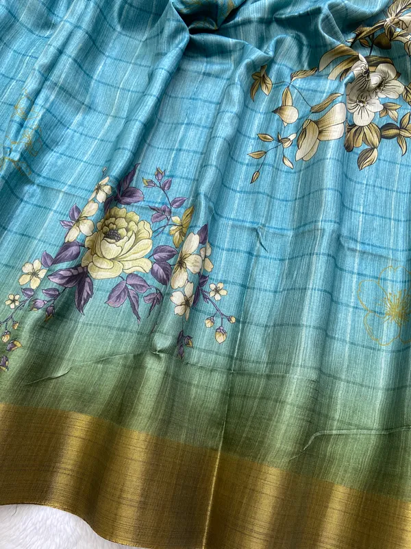 Soft_Tussar_Silk_sarees_with_Beautiful_Print_With_Attractive_Border_And_Contrast_Print_Blouse_With_Tassels