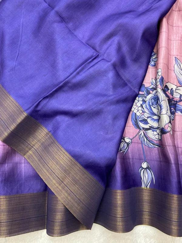 Dhwani_Blue_–_Melodic_Navratri_Special_|_Soft_Tussar_Silk_Saree_with_Print,_Border_&_Contrast_Print_Blouse_with_Tassels
