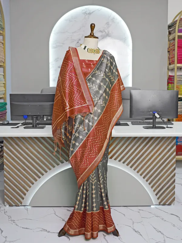 Soft_Tussar_Silk_sarees_with_Beautiful_Digital_Print_With_Attractive_Border_And_Contrast_Print_Blouse_With_Tassels