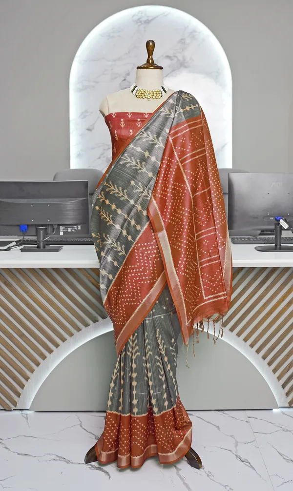 Soft_Tussar_Silk_sarees_with_Beautiful_Digital_Print_With_Attractive_Border_And_Contrast_Print_Blouse_With_Tassels