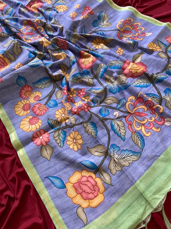 Soft_Tussar_Silk_sarees_with_Beautiful_Digital_Print_With_Attractive_Border_And_Contrast_Print_Blouse_With_Tassels