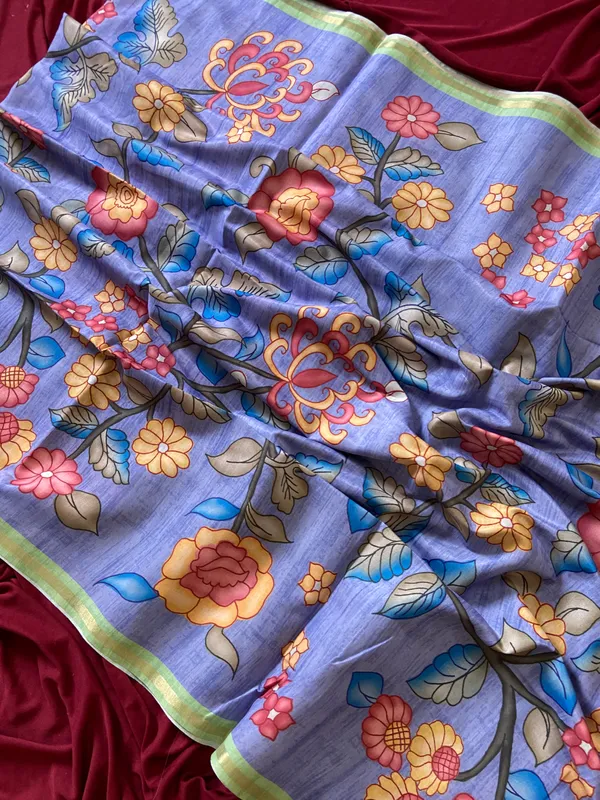 Soft_Tussar_Silk_sarees_with_Beautiful_Digital_Print_With_Attractive_Border_And_Contrast_Print_Blouse_With_Tassels