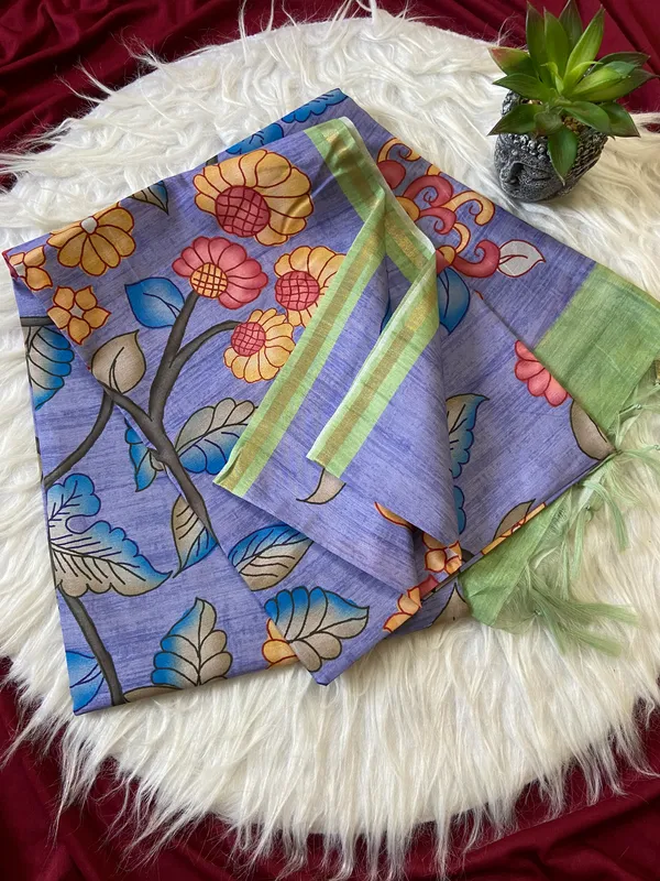 Soft_Tussar_Silk_sarees_with_Beautiful_Digital_Print_With_Attractive_Border_And_Contrast_Print_Blouse_With_Tassels