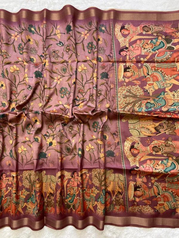 Pritha_Wine_–_Diwali_Special_|_Soft_Tussar_Silk_Saree_with_Digital_Print,_Border_&_Contrast_Print_Blouse_with_Tassels