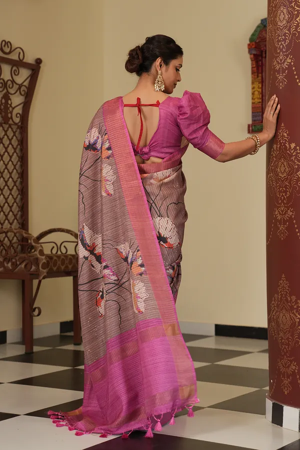 Purna_Grey_–_Complete_Aesthetic_Edit_for_You_|_Soft_Tussar_Silk_Saree_with_Digital_Print,_Checks_Design_Saree_&_Digital_Print_Blouse_with_Tassels