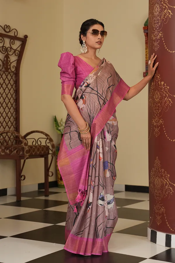 Purna_Grey_–_Complete_Aesthetic_Edit_for_You_|_Soft_Tussar_Silk_Saree_with_Digital_Print,_Checks_Design_Saree_&_Digital_Print_Blouse_with_Tassels