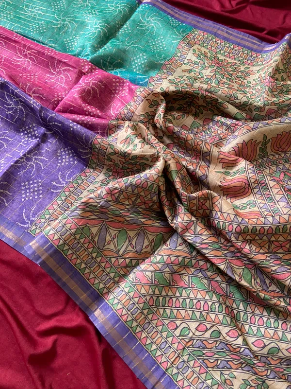 Soft_Semi_Tussar_Silk_sarees_with_Beautiful_Digital_Print_With_Attractive_Border_And_Contrast_Print_Blouse_With_Tassels