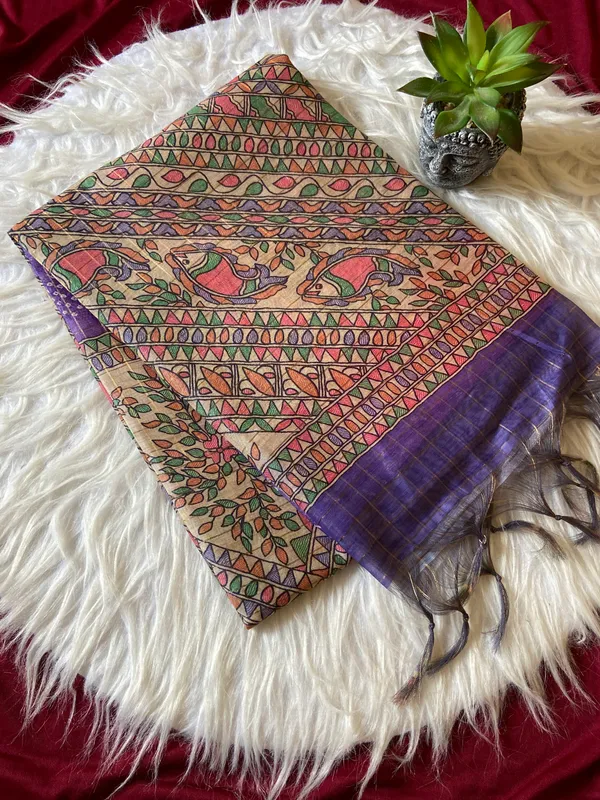 Soft_Semi_Tussar_Silk_sarees_with_Beautiful_Digital_Print_With_Attractive_Border_And_Contrast_Print_Blouse_With_Tassels