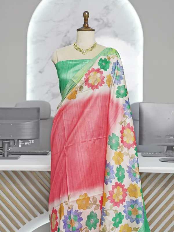 Soft_Tussar_Silk_sarees_with_Beautiful_Digital_Print_With_Attractive_Border_And_Contrast_Print_Blouse_With_Tassels