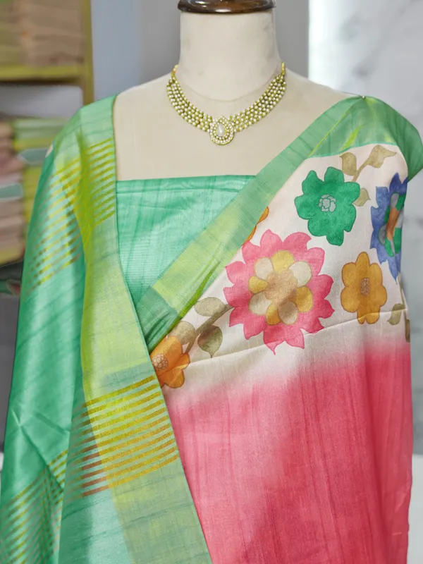 Soft_Tussar_Silk_sarees_with_Beautiful_Digital_Print_With_Attractive_Border_And_Contrast_Print_Blouse_With_Tassels