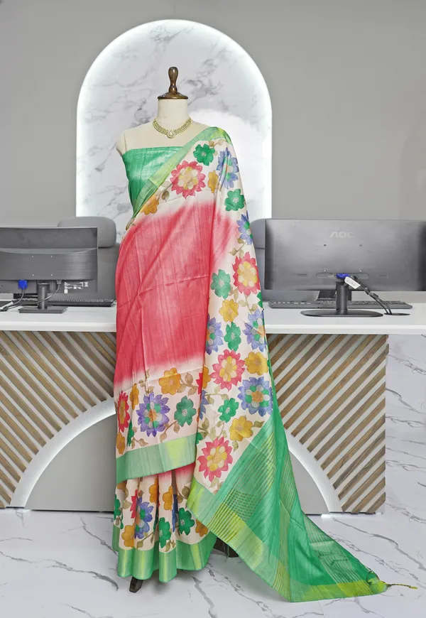 Soft_Tussar_Silk_sarees_with_Beautiful_Digital_Print_With_Attractive_Border_And_Contrast_Print_Blouse_With_Tassels