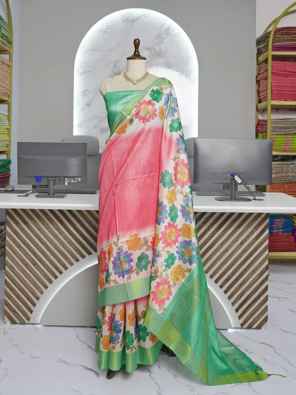 Soft_Tussar_Silk_sarees_with_Beautiful_Digital_Print_With_Attractive_Border_And_Contrast_Print_Blouse_With_Tassels