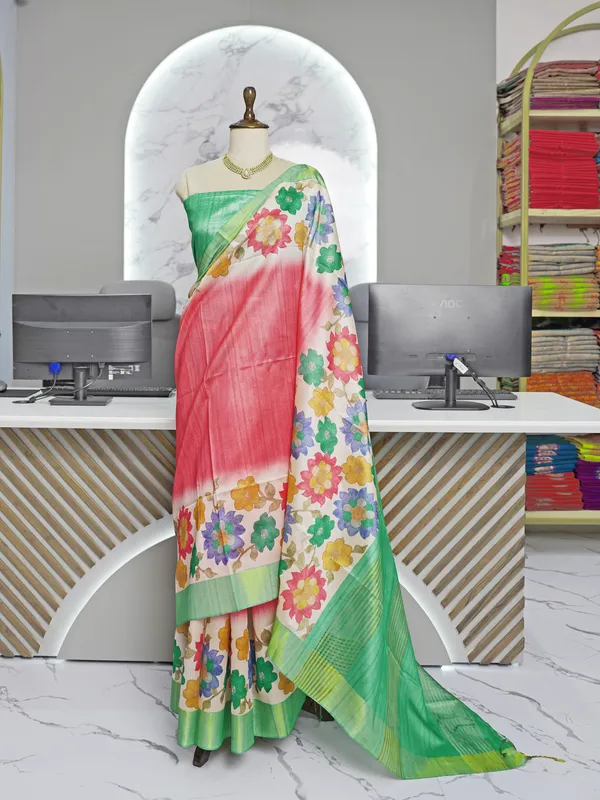 Soft_Tussar_Silk_sarees_with_Beautiful_Digital_Print_With_Attractive_Border_And_Contrast_Print_Blouse_With_Tassels