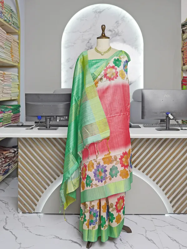 Soft_Tussar_Silk_sarees_with_Beautiful_Digital_Print_With_Attractive_Border_And_Contrast_Print_Blouse_With_Tassels