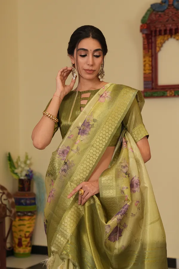 Vaanya_Pista_Green_–_Diwali_Special_|_Soft_Tissue_Silk_Saree_with_Digital_Print,_Border_&_Rich_Pallu,_Sequence_&_Contrast_Print_Blouse_with_Tassels