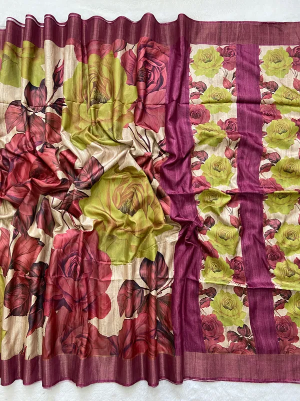 Pranshi_Wine_–_Aesthetic_Edit_for_You_|_Soft_Tussar_Silk_Saree_with_Digital_Print,_Slub_Pattern_&_Digital_Print_Blouse_with_Tassels