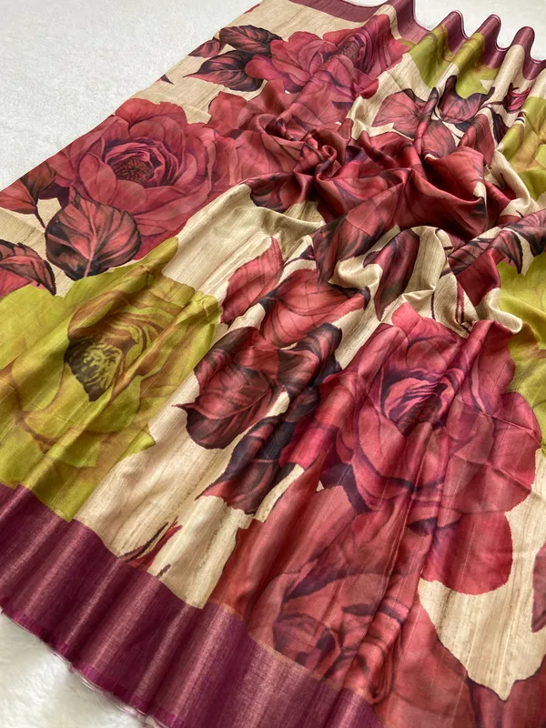 Pranshi_Wine_–_Aesthetic_Edit_for_You_|_Soft_Tussar_Silk_Saree_with_Digital_Print,_Slub_Pattern_&_Digital_Print_Blouse_with_Tassels