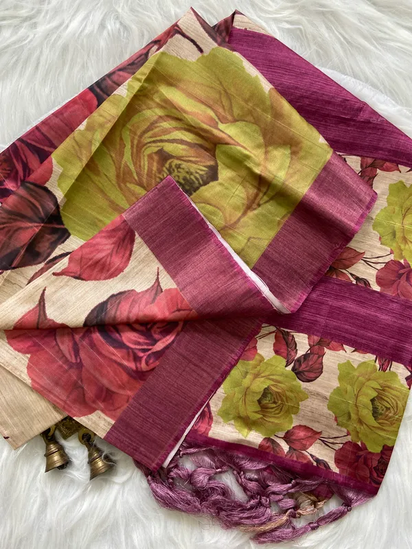 Pranshi_Wine_–_Aesthetic_Edit_for_You_|_Soft_Tussar_Silk_Saree_with_Digital_Print,_Slub_Pattern_&_Digital_Print_Blouse_with_Tassels