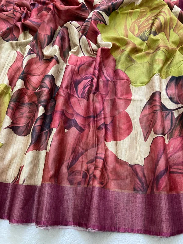 Pranshi_Wine_–_Aesthetic_Edit_for_You_|_Soft_Tussar_Silk_Saree_with_Digital_Print,_Slub_Pattern_&_Digital_Print_Blouse_with_Tassels
