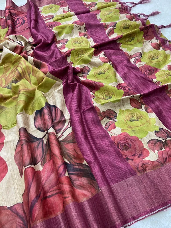 Pranshi_Wine_–_Aesthetic_Edit_for_You_|_Soft_Tussar_Silk_Saree_with_Digital_Print,_Slub_Pattern_&_Digital_Print_Blouse_with_Tassels