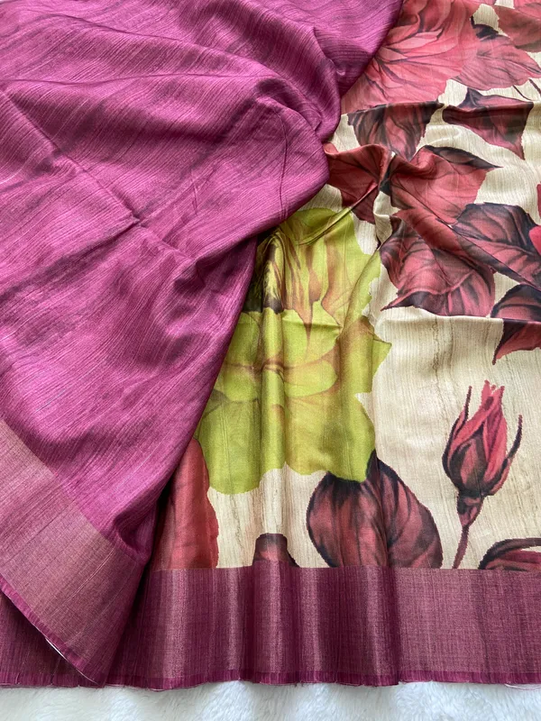 Pranshi_Wine_–_Aesthetic_Edit_for_You_|_Soft_Tussar_Silk_Saree_with_Digital_Print,_Slub_Pattern_&_Digital_Print_Blouse_with_Tassels