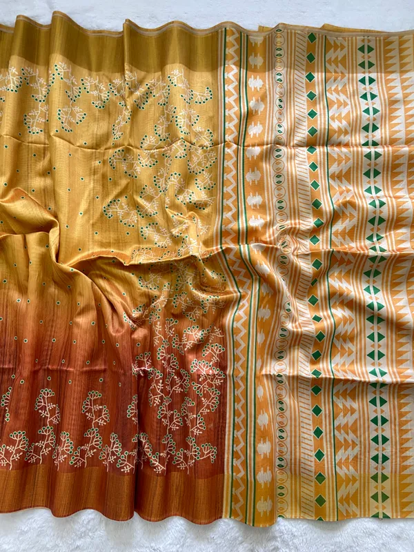 Soft_Tussar_Silk_sarees_with_Beautiful_Print_With_Attractive_Border_And_Contrast_Print_Blouse_With_Tassels