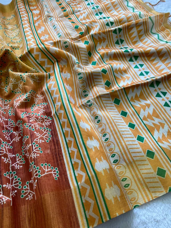 Soft_Tussar_Silk_sarees_with_Beautiful_Print_With_Attractive_Border_And_Contrast_Print_Blouse_With_Tassels