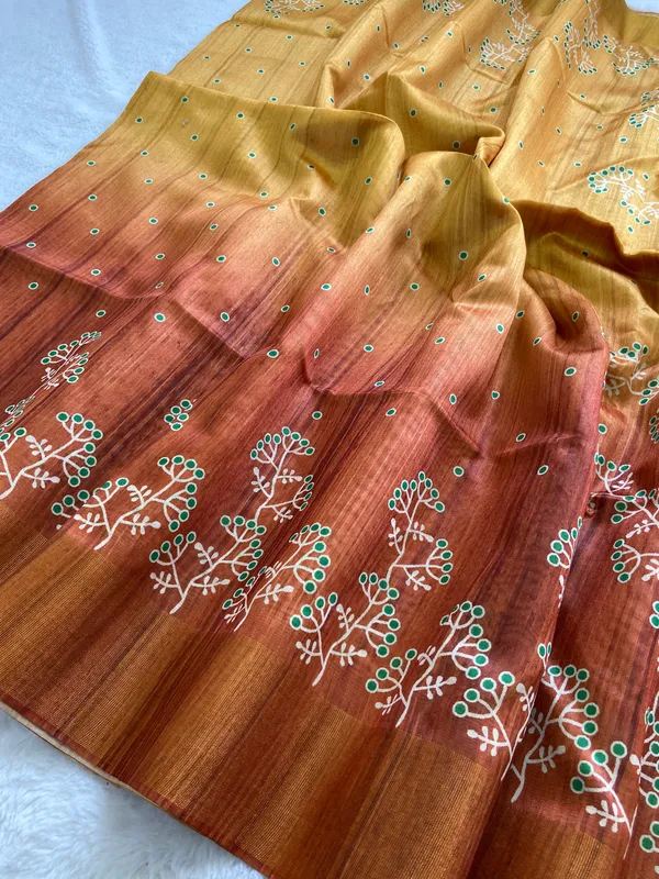 Soft_Tussar_Silk_sarees_with_Beautiful_Print_With_Attractive_Border_And_Contrast_Print_Blouse_With_Tassels