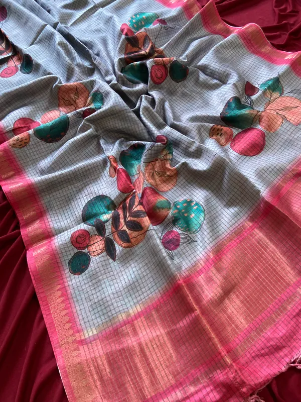 Soft_Tussar_Silk_sarees_with_Beautiful_Digital_Print_With_Attractive_Checks_Design_Saree_And_Digital_Print_Blouse_With_Tassels