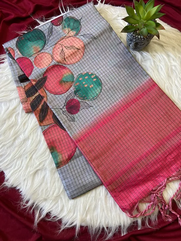 Soft_Tussar_Silk_sarees_with_Beautiful_Digital_Print_With_Attractive_Checks_Design_Saree_And_Digital_Print_Blouse_With_Tassels