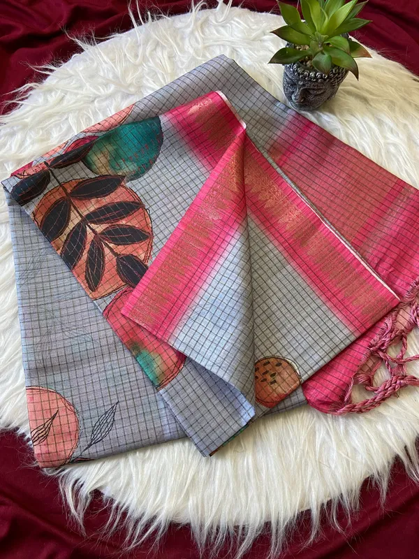 Soft_Tussar_Silk_sarees_with_Beautiful_Digital_Print_With_Attractive_Checks_Design_Saree_And_Digital_Print_Blouse_With_Tassels