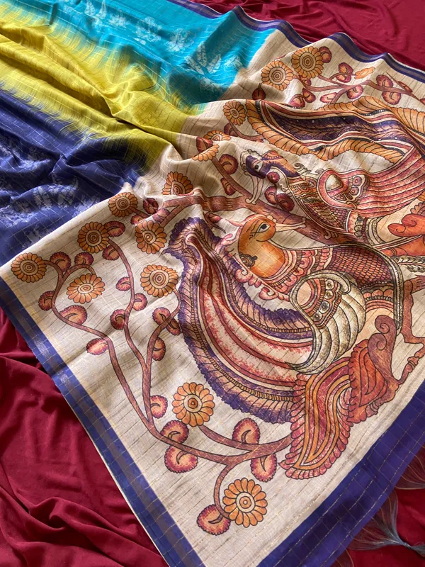 Soft_Semi_Tussar_Silk_sarees_with_Beautiful_Digital_Print_With_Attractive_Border_And_Contrast_Print_Blouse_With_Tassels