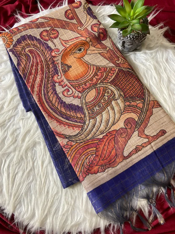 Soft_Semi_Tussar_Silk_sarees_with_Beautiful_Digital_Print_With_Attractive_Border_And_Contrast_Print_Blouse_With_Tassels