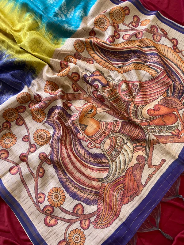 Soft_Semi_Tussar_Silk_sarees_with_Beautiful_Digital_Print_With_Attractive_Border_And_Contrast_Print_Blouse_With_Tassels