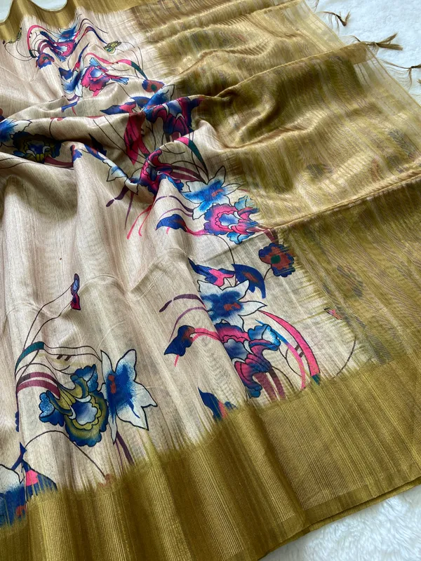 Kaveri_Mehendi_Green_–_Navratri_Special_|_Soft_Tussar_Silk_Saree_with_Digital_Print,_Pallu_&_Zari_Border_&_Contrast_Digital_Print_Blouse_with_Tassels
