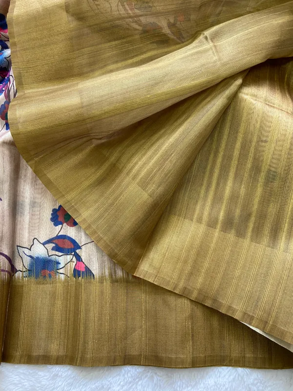 Kaveri_Mehendi_Green_–_Navratri_Special_|_Soft_Tussar_Silk_Saree_with_Digital_Print,_Pallu_&_Zari_Border_&_Contrast_Digital_Print_Blouse_with_Tassels