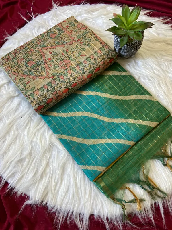 Soft_Semi_Tussar_Silk_sarees_with_Beautiful_Digital_Print_With_Attractive_Border_And_Contrast_Print_Blouse_With_Tassels