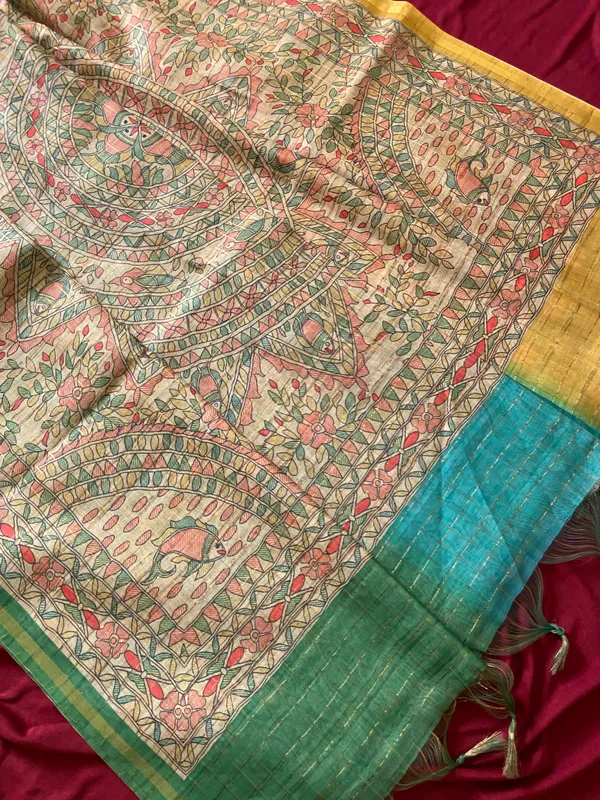 Soft_Semi_Tussar_Silk_sarees_with_Beautiful_Digital_Print_With_Attractive_Border_And_Contrast_Print_Blouse_With_Tassels