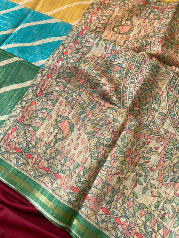 Soft_Semi_Tussar_Silk_sarees_with_Beautiful_Digital_Print_With_Attractive_Border_And_Contrast_Print_Blouse_With_Tassels