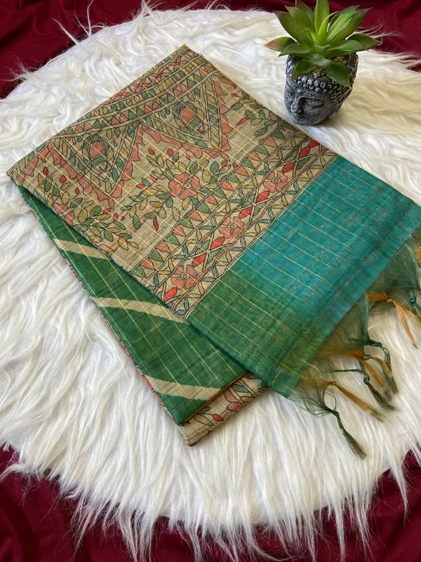 Soft_Semi_Tussar_Silk_sarees_with_Beautiful_Digital_Print_With_Attractive_Border_And_Contrast_Print_Blouse_With_Tassels