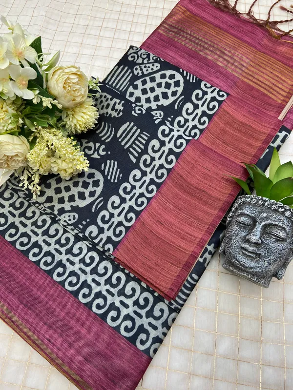 Deepali_Pink_–_Row_of_Lamps_Diwali_Special_|_Soft_Tussar_Silk_Saree_with_Print,_Border_&_Contrast_Print_Blouse_with_Tassels