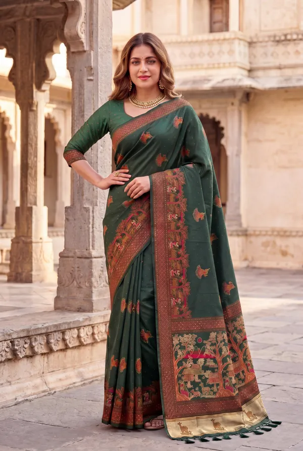 Melody_Green_–_Melodic_Navratri_Special_|_Soft_Pashmina_Silk_Saree_with_Woven_Zari_Work,_Pashmina_Design_Saree_&_Running_Blouse_with_Tassels