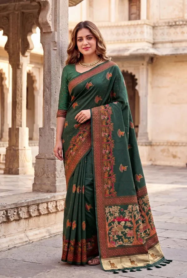 Melody_Green_–_Melodic_Navratri_Special_|_Soft_Pashmina_Silk_Saree_with_Woven_Zari_Work,_Pashmina_Design_Saree_&_Running_Blouse_with_Tassels