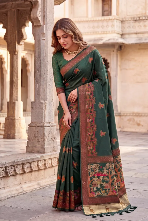 Melody_Green_–_Melodic_Navratri_Special_|_Soft_Pashmina_Silk_Saree_with_Woven_Zari_Work,_Pashmina_Design_Saree_&_Running_Blouse_with_Tassels