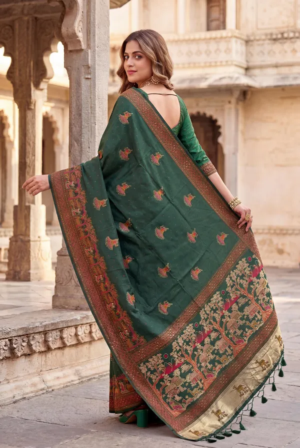 Melody_Green_–_Melodic_Navratri_Special_|_Soft_Pashmina_Silk_Saree_with_Woven_Zari_Work,_Pashmina_Design_Saree_&_Running_Blouse_with_Tassels
