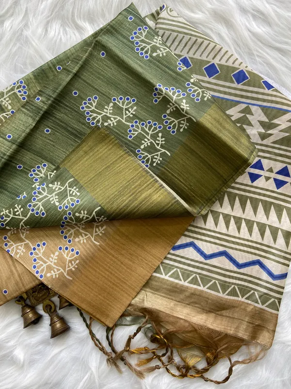 Lilavati_Green_–_Charming_Navratri_Special_|_Soft_Tussar_Silk_Saree_with_Print,_Border_&_Contrast_Print_Blouse_with_Tassels